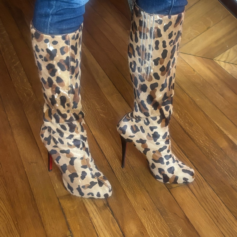Christian Louboutin Leopard Print Knee Boots in Black and Brown